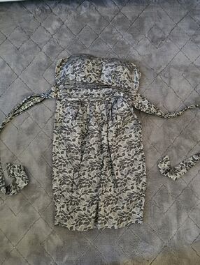Strapless Floral-Print Dress in Gray and Cream